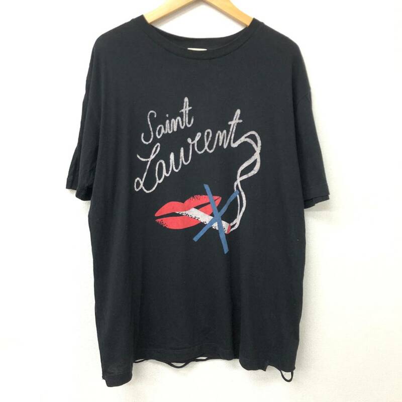 □SAINT LAURENT PARIS 半袖Tシャツ S(175/92A) 黒 サンローラン メンズ フランス製 スモーキングリップ 482676 複数落札同梱OK B230614-7