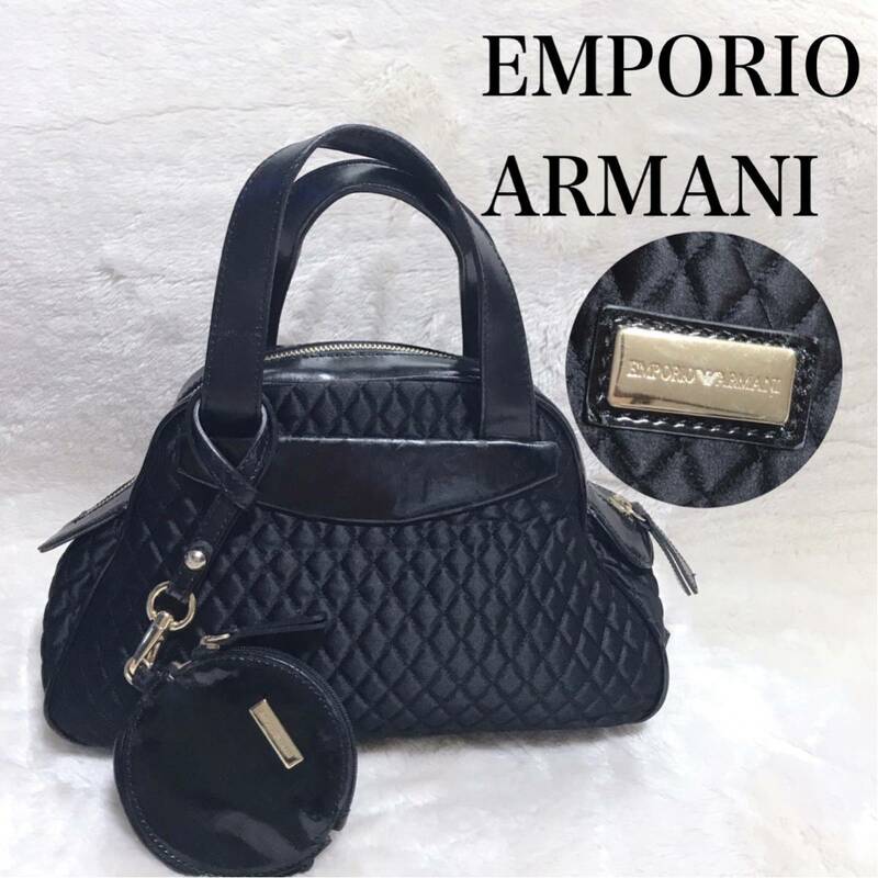 EMPORIO ARMANI キルティング ハンドバッグ エナメル サテン 黒 エンポリオアルマーニ トートバッグ