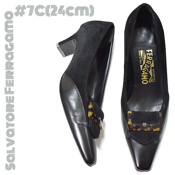 Salvatore Ferragamo■スウェードレザーベルトパンプス　7C（24cm）ブラック黒　フェラガモ　セレモニー　スクエアトゥ　ビジネス