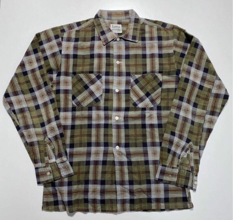 【M】60s Vintage CAMPUS Print Flannel Shirt 60年代 ヴィンテージ キャンパス プリント フランネル シャツ プリネル 衿芯あり