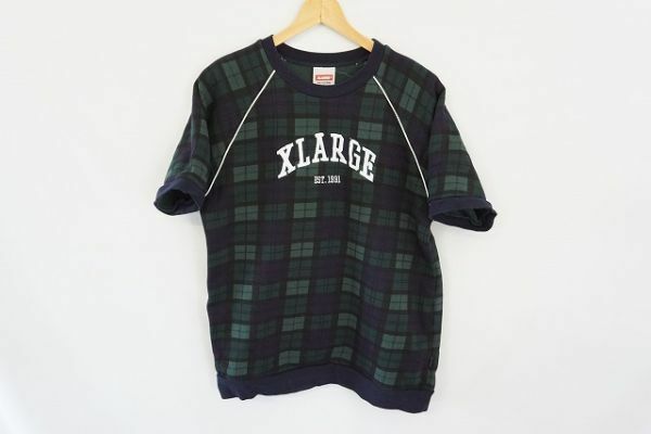 【即決】XLARGE エクストララージ メンズ 半袖スウェット ロゴ刺繍 チェック 深緑系 サイズ:L 【817471】