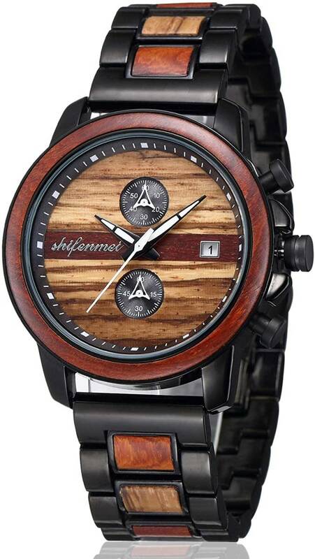 新品未使用・送料無料 木製腕時計 shifenmei S5596 天然木 防水 夜光 日付表示 日本製クオーツ 木箱の包装 (レッド)