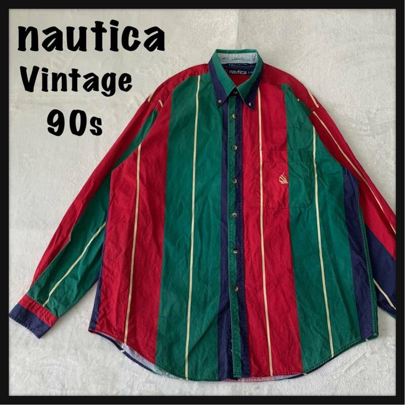 【希少】90s nautica ノーティカ 長袖 ボタンダウン シャツ マルチストライプ 刺繍ワンポイントロゴ USA製 グリーン