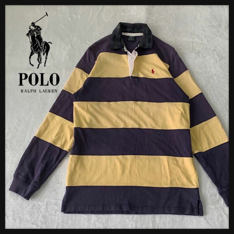 【レア】Polo by Ralph Lauren ポロ ラルフローレン 長袖 ラガーシャツ ボーダー 襟チェック ワンポイントロゴ刺繍