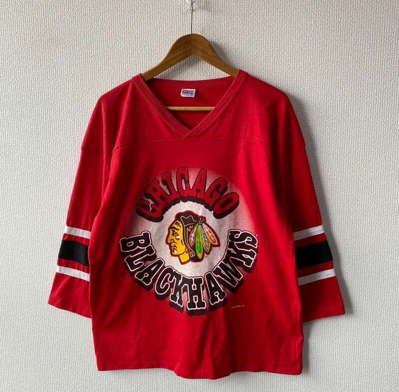 90s USA製 CHICAGO BLACKHAWKS 9分袖 フットボール Tシャツ L GARAN NHL アメリカ製