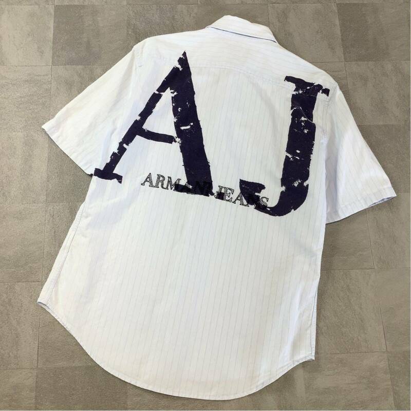 美品 イタリア製 ARMANI JEANS アルマーニ ジーンズ ストライプ ビッグロゴ 半袖 シャツ メンズ Sサイズ ライトブルー 半袖シャツ
