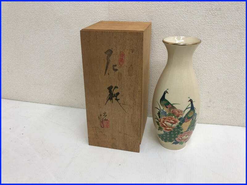 木仙窯 古美術 花瓶 花器 花入 孔雀華絵 幅約130mm 口径約90mm 高さ約305mm 共箱付き