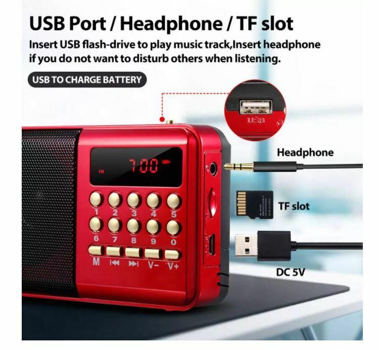 小型ポータブル ワイドFMラジオ　出力：3W　USB充電式　バッテリー3.7V / 1200mAH　レッド　未使用品　送料無料