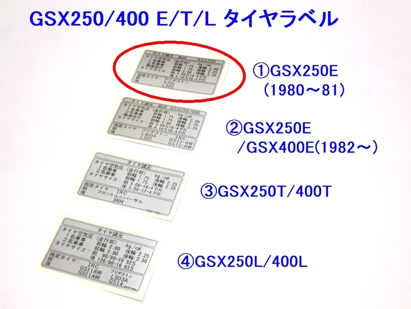 □GSX250E/400E/T/L タイヤラベル① ☆2/ スズキ GS25X/GJ51B/GS40X/GK51C/ザリゴキ/カタナ/KATANA/タンク/コーション/ステッカー/空気圧