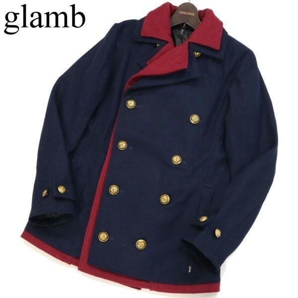 glamb グラム 【Crawford P-coat】 秋冬 レイヤード風 刻印 金ボタン★ クロフォード Pコート Sz.2　メンズ ネイビー　G2T03058_9#N