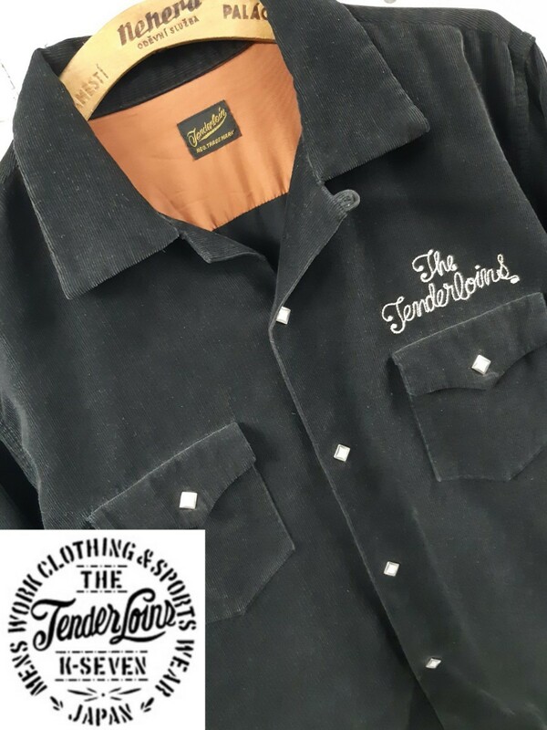 黒 S TENDERLOIN T-CORDUROY SHT テンダーロイン ウエスタンシャツ コーデュロイ シャツ チェーンステッチ 刺繍 オープンカラー 