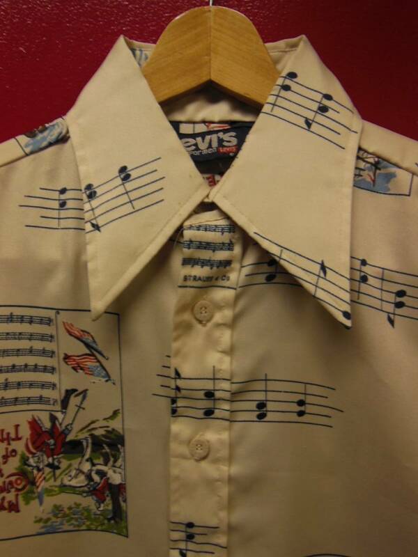 70S ビンテージ US古着 LEVI'S リーバイス ポリシャツ 米国国家楽譜/ポストカードプリント/Mサイズ