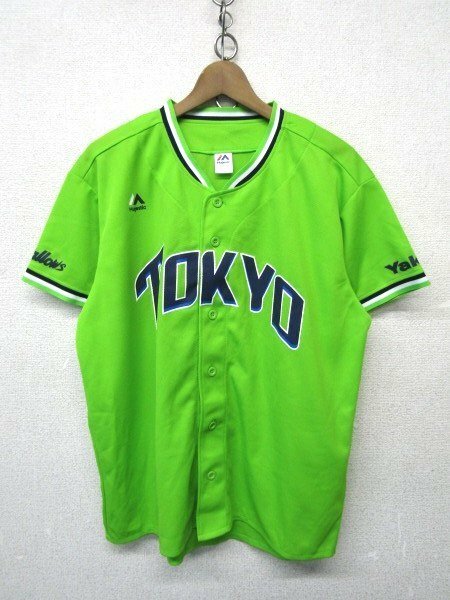 V1909：majestic NPB 東京ヤクルトスワローズ 燕パワーユニフォーム ベースボールシャツ ゲームシャツ 野球シャツ 黄緑系 フリーサイズ:35