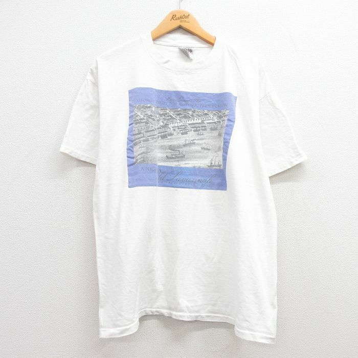 XL/古着 半袖 ビンテージ Tシャツ メンズ 90s 船 建物 企業広告 大きいサイズ コットン クルーネック 白 ホワイト 23jun17 中古