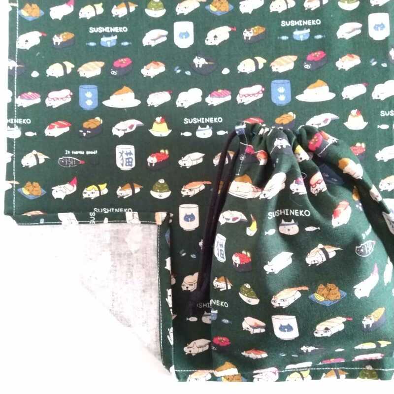 40×60☆寿司猫柄 ランチョンマット 大 新品 ハンドメイド 巾着袋 セット 給食袋 男の子 女の子 緑 寿司 猫