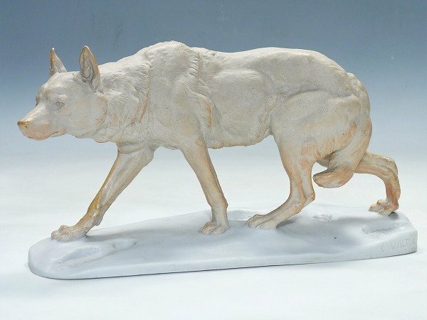 1412720【フランス Sevres セーブル】Charles Valton STEALHT WOLF チャールズヴァルトン 雪上の狼 オオカミ 彫刻 置物 1895 アンティーク