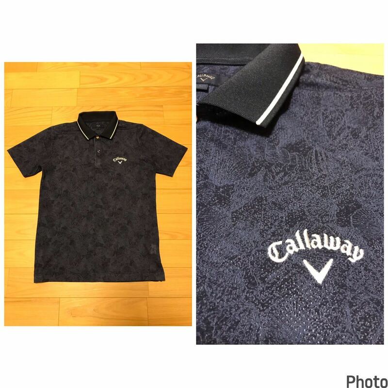 良品☆Callaway/キャロウェイ　サイズL 快適ドライ半袖ポロシャツ.シェイプ型　全面透かし貝殻総柄デザイン 両面ロゴマーク刺繍&襟ライン入