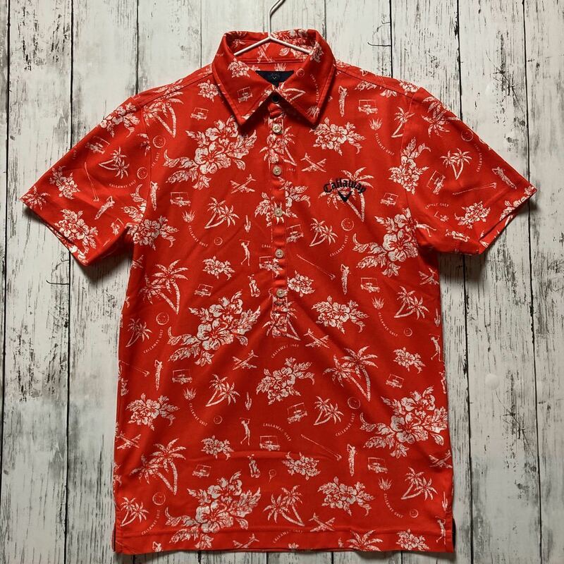 【Callaway】キャロウェイ ゴルフ メンズ 半袖ポロシャツ Mサイズ 赤系 総柄 ハワイアン
