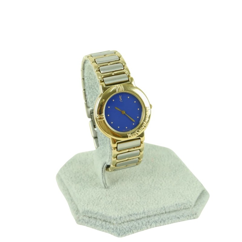 良品 イヴ サンローラン QZ 4620-E60957 金 ブルー 文字盤 メンズ腕時計 (01356)