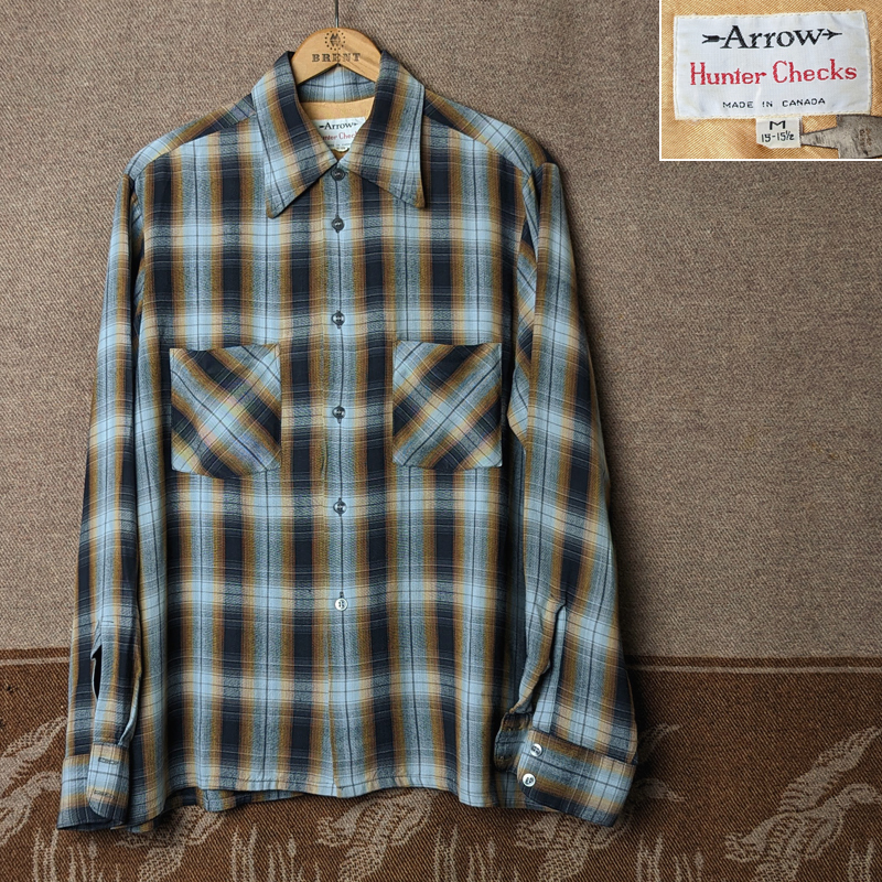 シャドーチェック 【ARROW Hunter Checks】 60s Rayon Shirt 60年代 オープンカラー ボックス レーヨン シャツ オンブレ ビンテージ 50s70s