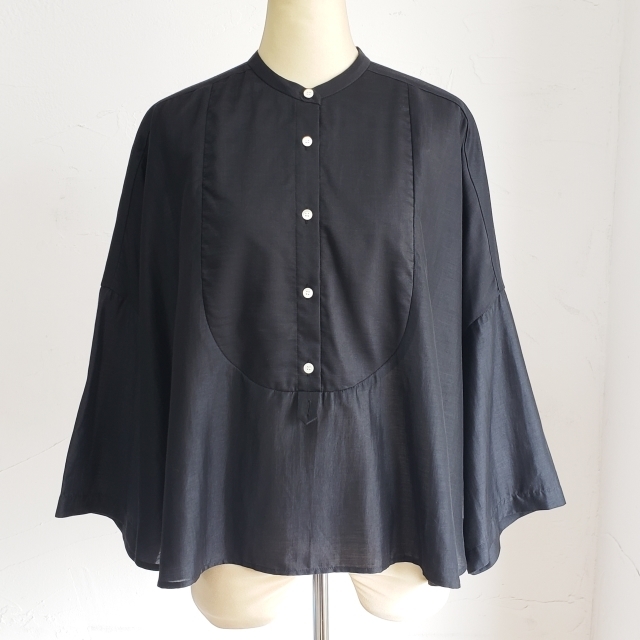 リヨカ Liyoca バンドカラー オーバー シャツ 半端袖 日本製 ブラック