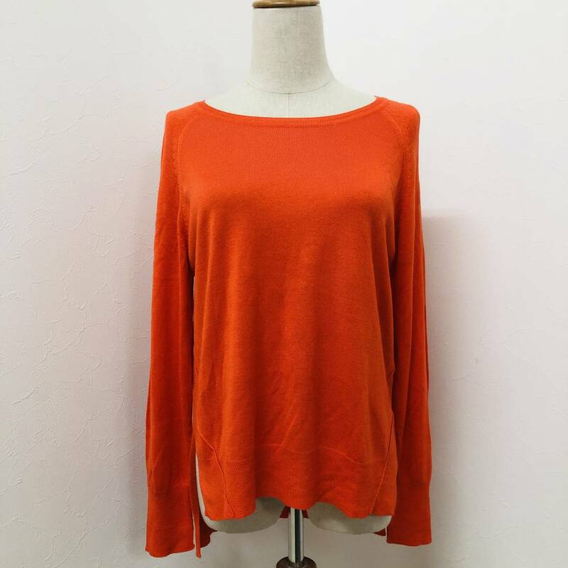 a01341 美品 ZARA ザラ ニット 長袖 薄手 丸首 サイドスリット シンプル L(EUR) オレンジ 無地 レディース ベーシックカジュアルスタイル