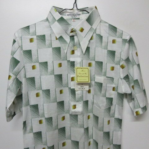 昭和レトロ　半袖　柄シャツ　S　緑　未使用　オールド　JAPAN古着　sy3531