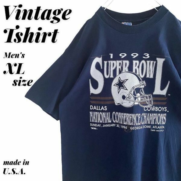 US古着 90s 1993年 NFL ダラス・カウボーイズ プリントTシャツ 紺 Super Bowl アメリカンフットボール DALLAS COWBOYS シングルステッチ