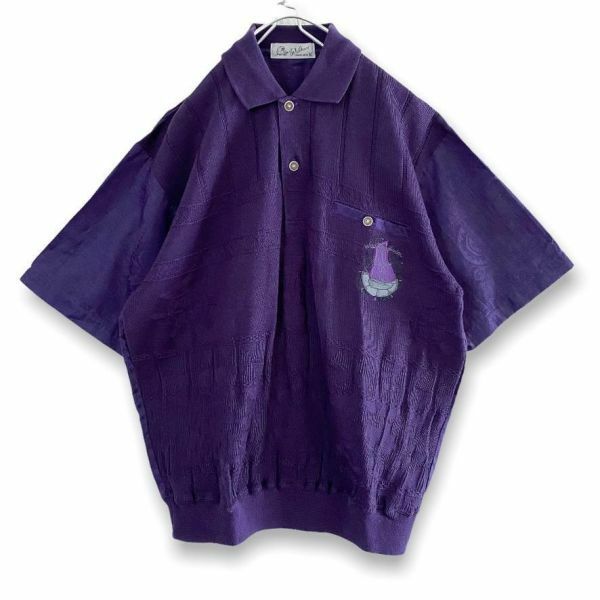 古着 ヴィンテージ 刺繍 異素材切り替え サマーニット ポロシャツ 半袖 紫