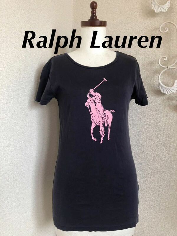 即決 ラルフローレン レディース Tシャツ 半袖カットソー ビッグロゴ ビッグポニー サイズM ネイビー 送料無料 Ralph Lauren