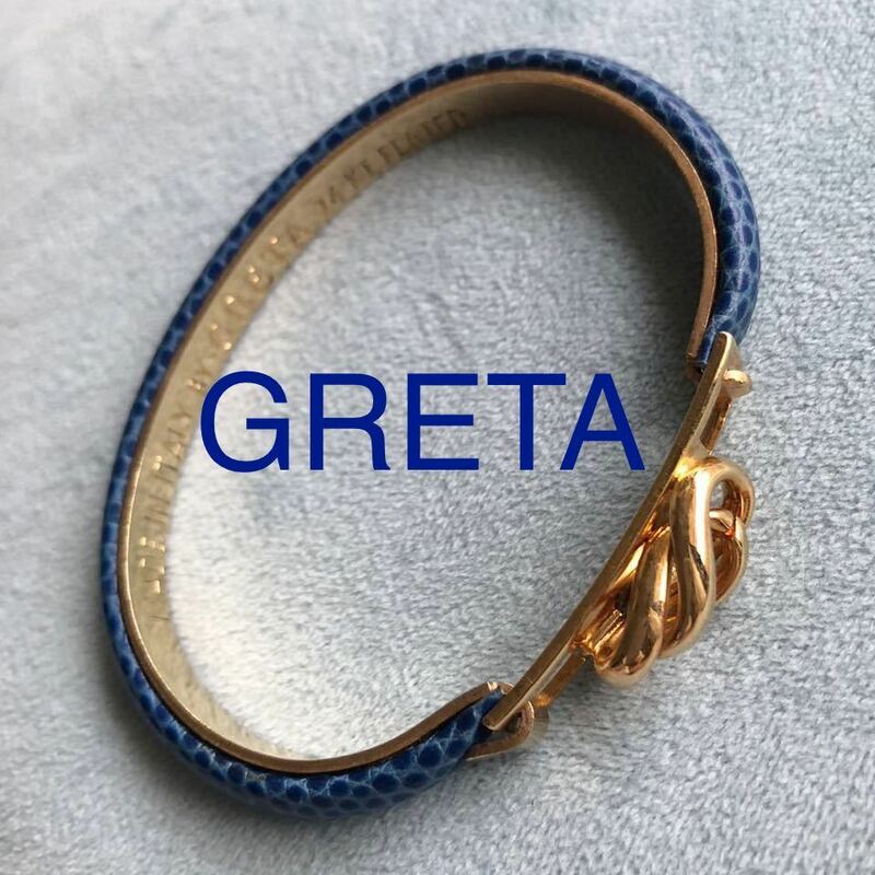 即決 送料無料 GRETA グレタ イタリア製 ブレスレット バングル ネイビー 青 ブルー レザー型押し