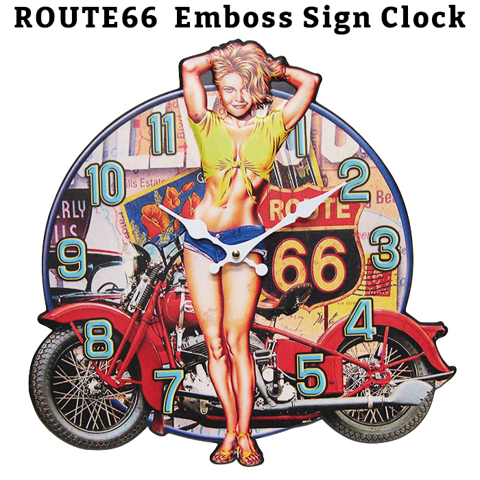 ウォールクロック 掛け時計 40cm (ルート66 セクシーガール A205) バイク ガレージ ROUTE66 大きい 西海岸風 インテリア アメリカン雑貨