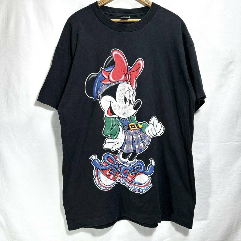 ■ 90s ビッグプリント シングルステッチ ビンテージ USA製 Disney ディズニー MINNIE ミニーちゃん イラスト Tシャツ ONE SIZE 黒 大判 ■