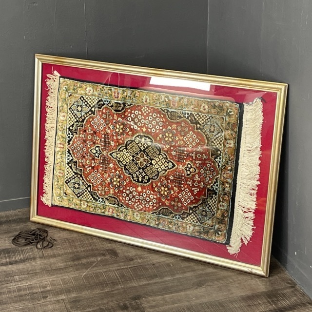 ペルシャ絨毯 【中古】 persia 最高級 シルク 玄関マット タペストリー カーペット 80x53cm 額装/53708