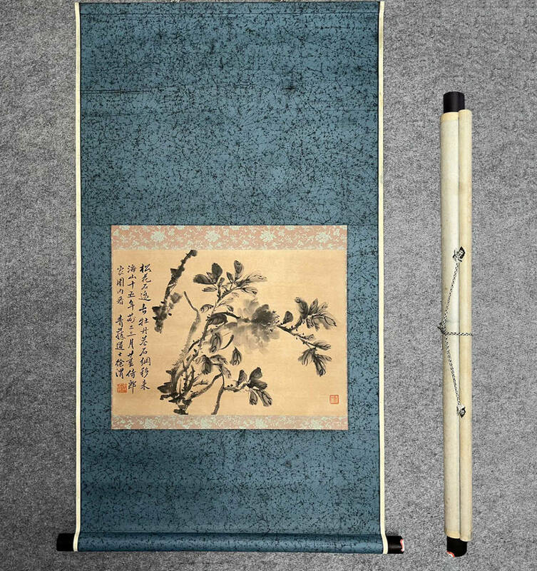 古美術 掛け軸 中国・明時代 徐渭書 「水墨牡丹図」 紙本 立軸 書道 巻き物 真筆逸品 肉筆保証 唐物 古画 LT-06318