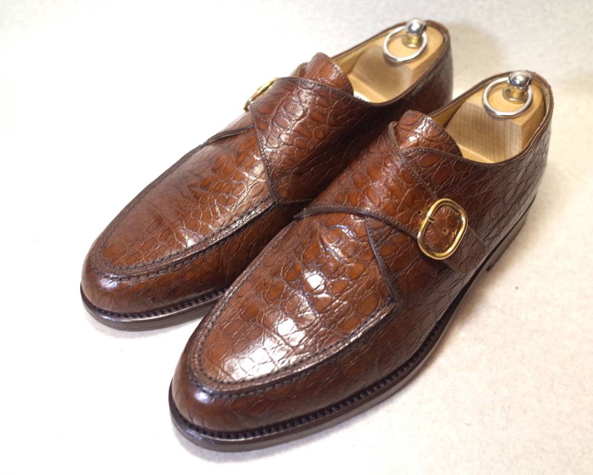 【送料無料】3359■Franceschetti/フランチェスケッティ■使用少/ワニ革/イタリア製ハンドメイド/Uチップ/モンクストラップ/27.5cm■