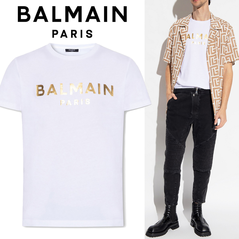 送料無料 21 BALMAIN バルマン AH1EF000 BB29 GAD ホワイト Tシャツ ロゴ 半袖 size XL