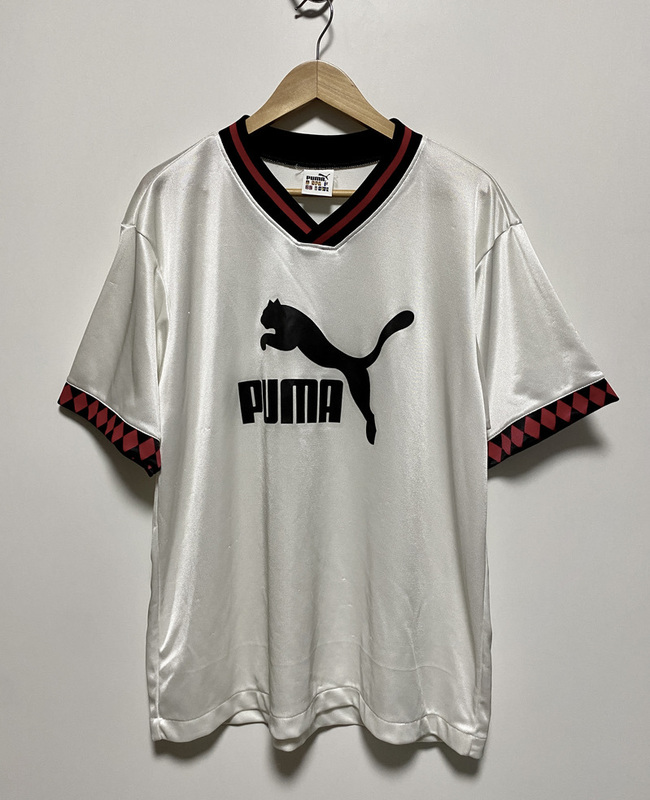 90's ビンテージ▽PUMA プーマ Vネック 半袖Tシャツ ゲームシャツ L-XL ダイヤ柄 白 ホワイト ブランドロゴ ポリエステル サッカー