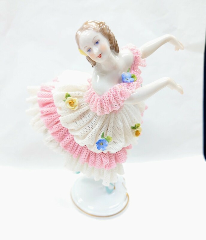 VOLKSTEDT バレリーナ ドレスデン ドール レース 陶器 フィギュリン 人形 アンティーク jH5☆10