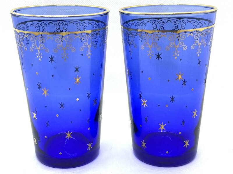佐々木硝子 瑠璃色タンブラー 2客セット ガラス製 金縁 星柄 アンティーク調 ブルー グラス コップ O-114