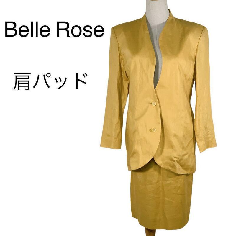 M25-14 Belle Rose ベルローズ アシンメトリー セットアップスーツ 肩パッド キャメル 昭和レトロ 膝丈スカート レディース サイズ9AR