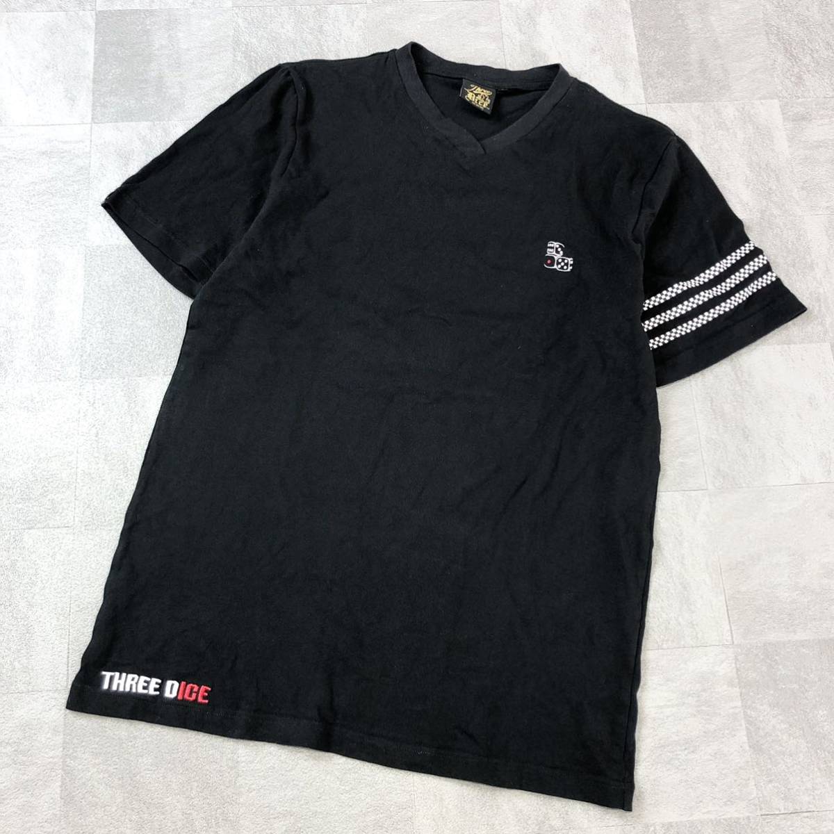 Three Dice スリーダイス　ワンポイント刺繍　VネックTシャツ 半袖シャツ コットンTシャツ　ブラック　サイズL 古着