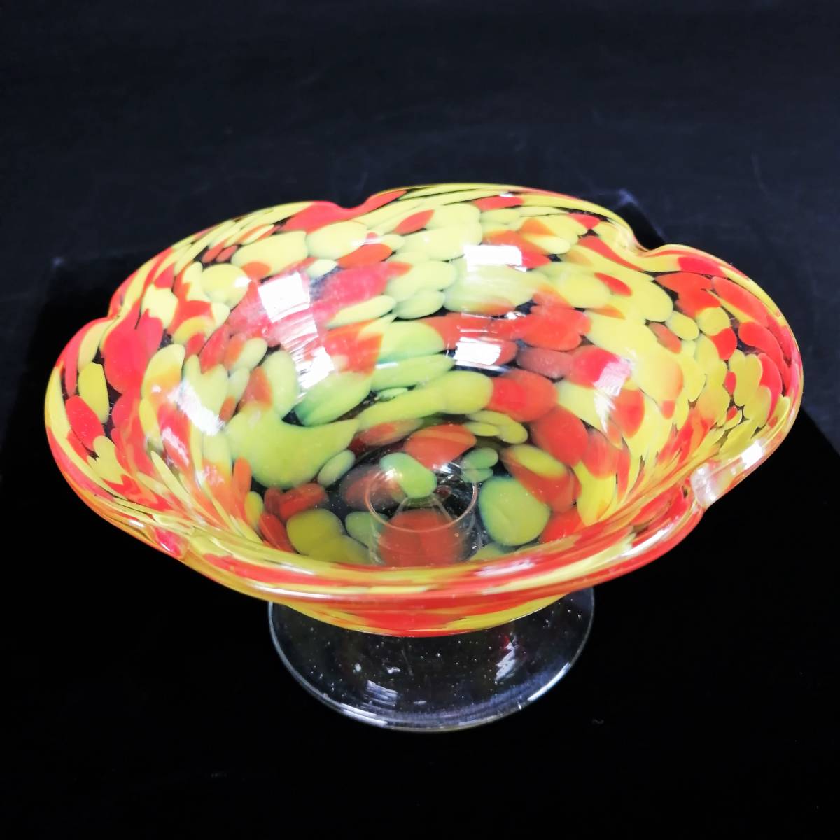 明治 大正 ガラス 氷コップ かき氷カップ 皿 器 二色 マーブル 模様 花形 花型 黄色 オレンジ 二色斑 アンティーク コレクション 