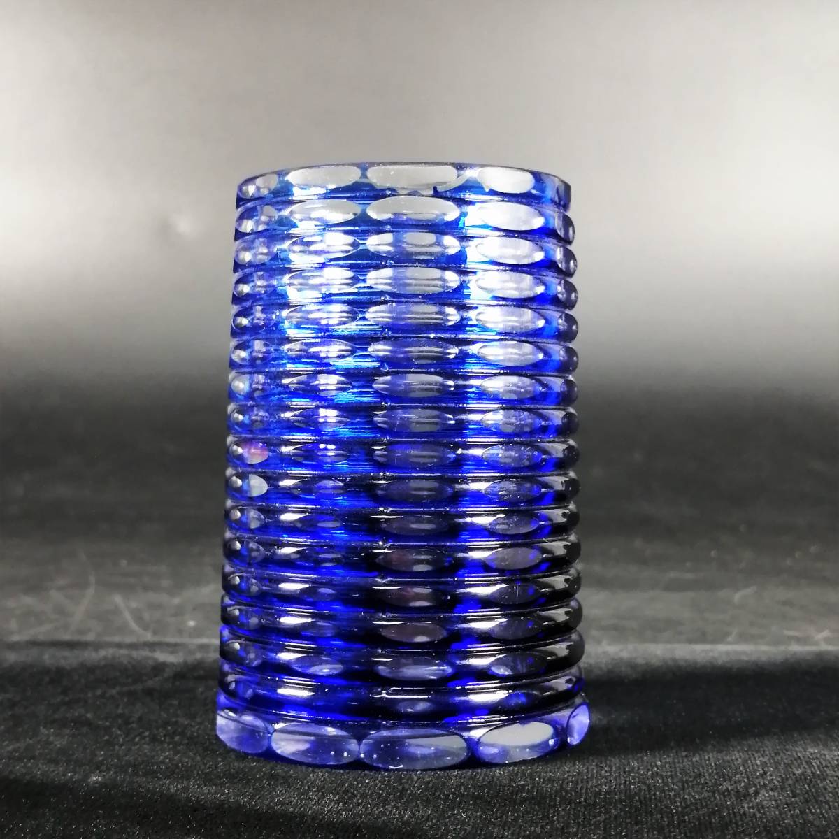 和ガラス 青 切子 筆筒 グラス 花瓶 カップ 色硝子 横長丸 模様 コレクション 