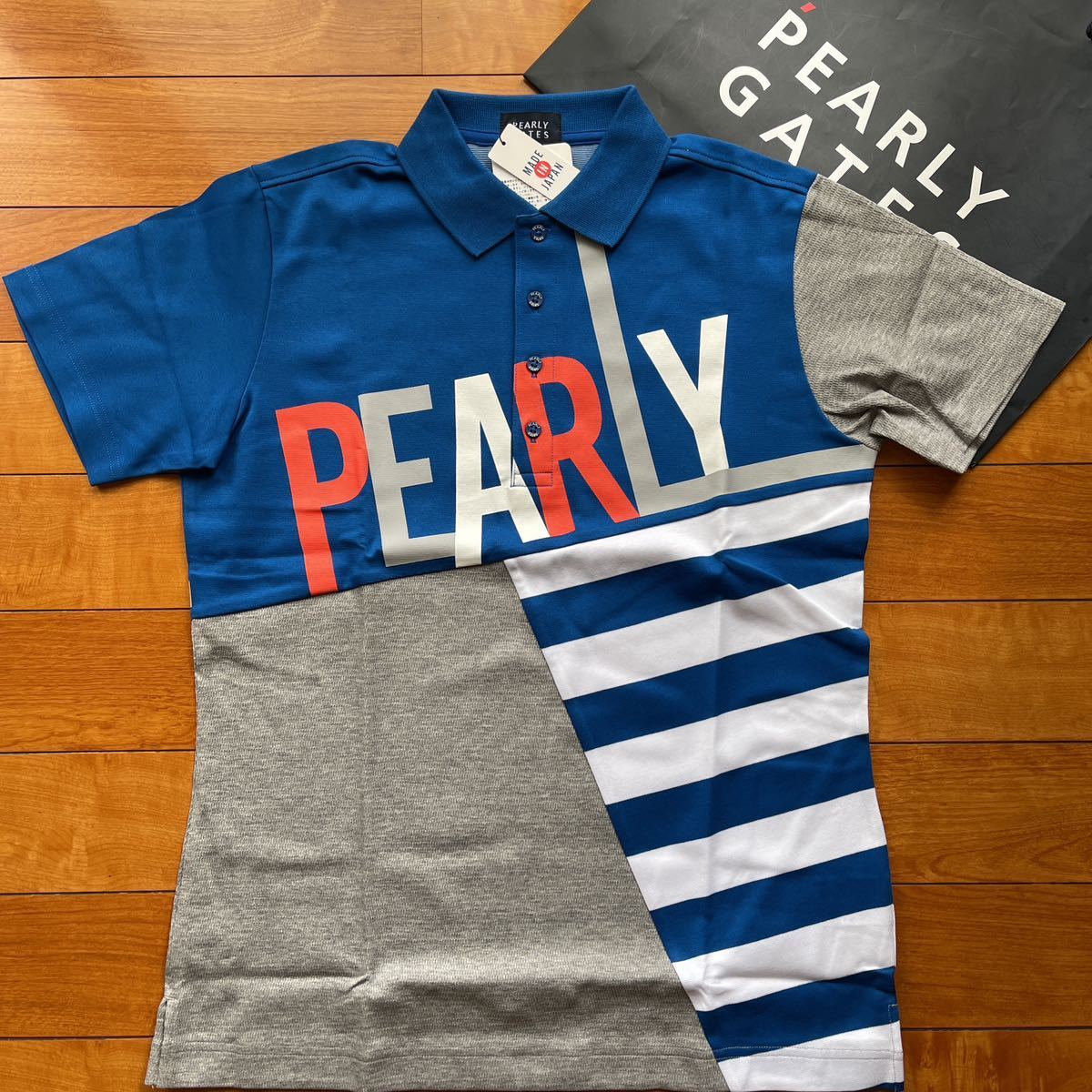 送料無料PEARLY GATESパーリーゲイツBIG両面PGロゴポロシャツRICHハニカム通気性DRY速乾ベタ付軽減STRETCH希少Blue Grey(大特価4)新品
