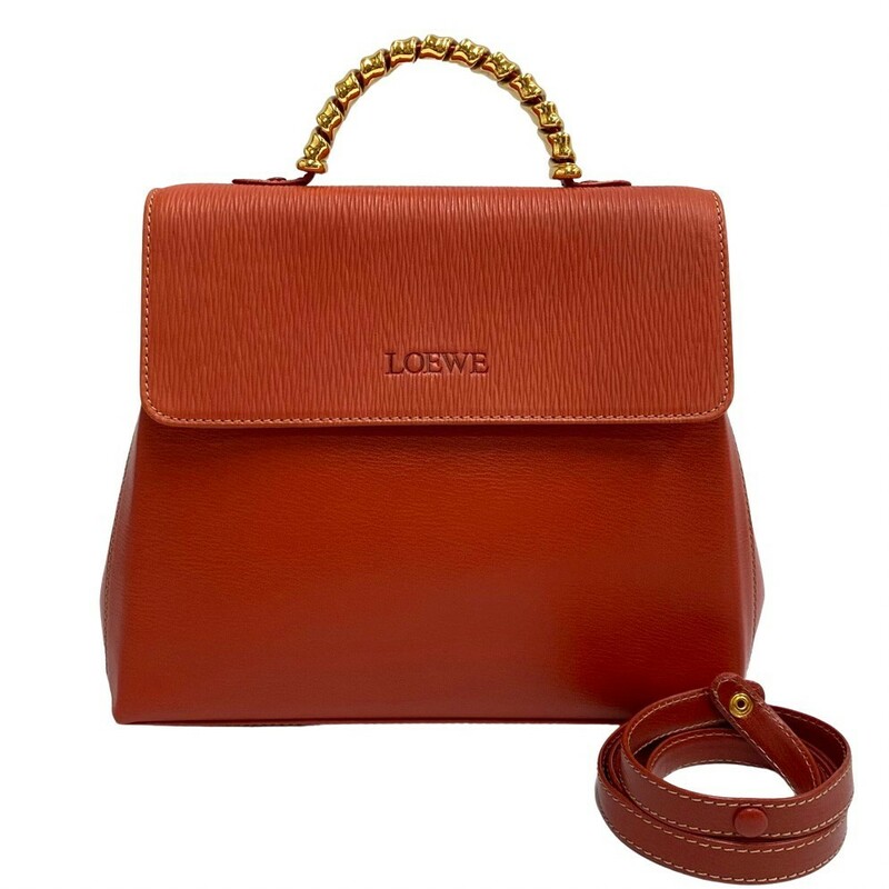 極 美品 保存袋付き LOEWE ロエベ ロゴ ベラスケス ツイストハンドル レザー 本革 2way ハンドバッグ ショルダーバッグ オレンジ 16601