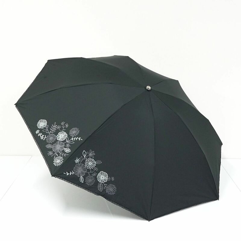 折りたたみ日傘 Fuwacool フワクール USED品 晴雨兼用 一級遮光 ブラック フラワー 軽量 遮光 遮熱 UV 50cm S FA8207