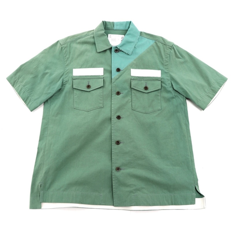 未使用 サカイ 21SS オックスフォードシャツ 半袖 メンズ 緑 グリーン 1 コットン Cotton Nylon Oxford Shirt sacai