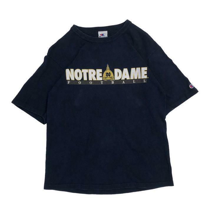 【M】USA 古着 90s USA製 Champion チャンピオン NOTREDAME ノートルダム 90年代 プリント Tシャツ クルーネック 半袖 ネイビー