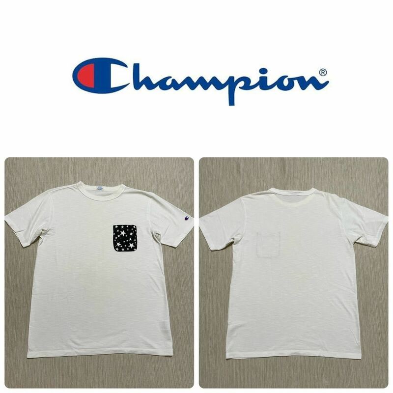 champion 星 柄 ポケット ワンポイント ロゴ Tee シャツ WHITE XL アメカジ